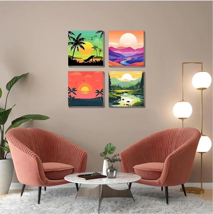 Canrichshop 4 Framed Landscape DIY Paint by Numbers Kit for Adults Beginner,Sunset Easy Painting by Number with Canvas,Acrylic Paint Kit Arts and Crafts for Adults for Decor 8x8inch