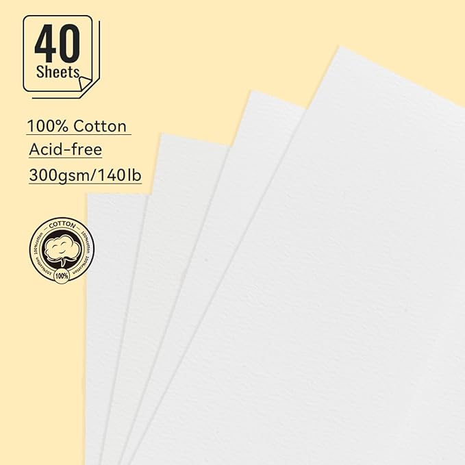 Lightwish Watercolor Paper Bulk, 100% Cotton Rough 300gsm/140lb, 2 Pack, Total 40 Sheets A5 Hole-Punched Replaceable Paper for Artists, Adults,Students,5.5 * 8.2 Inches