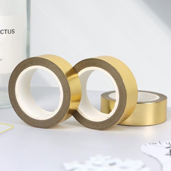 MEI YI TIAN 6 Rolls Solid Gold Foil Washi Tape Set 15mmx10m Gilding Paper Adhesive Masking Tapes Sticky Paper Tape Roller for DIY Scrapbooking Journal Crafts Art Home Decoration