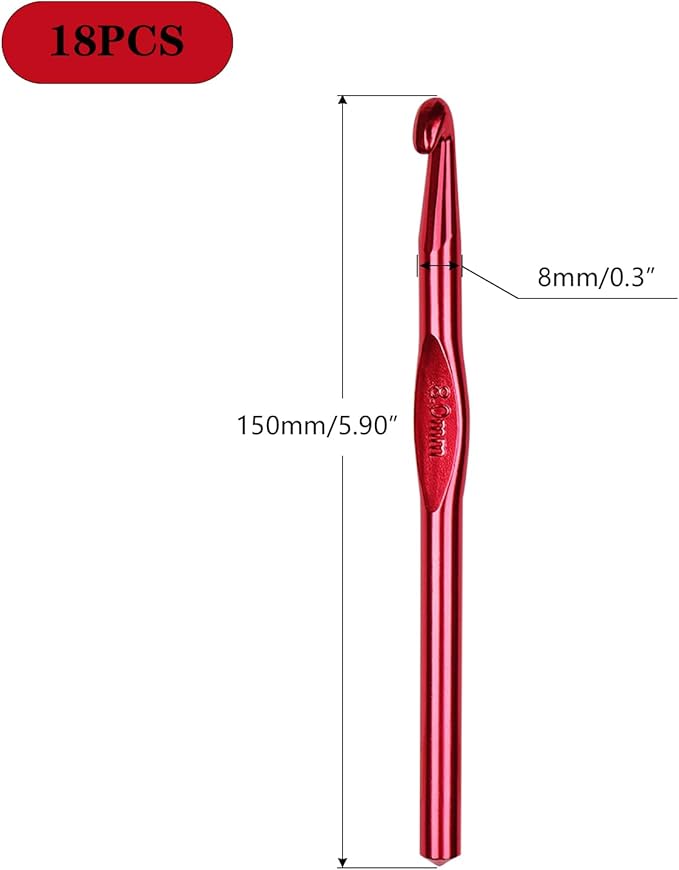 Hordolry 8mm Crochet Hooks Bulk, 18Pcs Aluminum Crochet Needle, Knitting Needles for Craft Yarn Contribute to Beginners