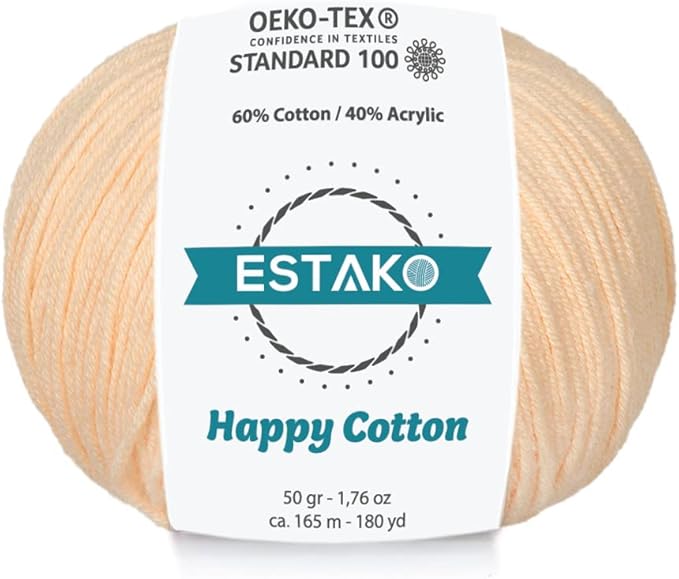 Estako Happy Cotton, 60% Cotton 40% Acrylic Yarn, Soft, Fine/Sport (2) for Crochet and Knitting 1.76 Oz (50g) / 180 Yrds (165m) (4170 - Nude)
