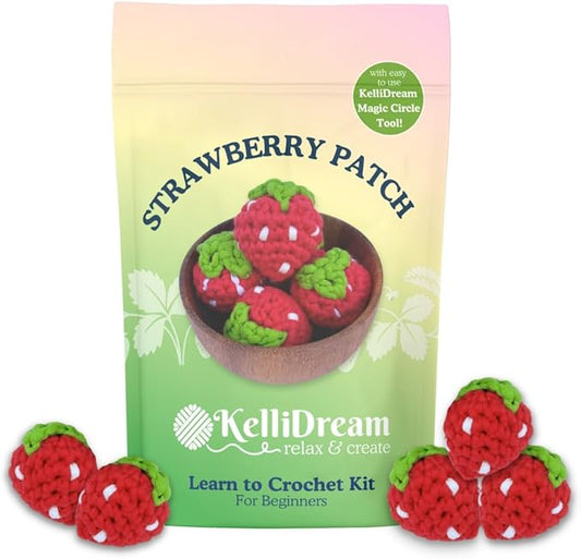 KelliDream Magic Circle Tool Inclusive Learn to Crochet Kit for Beginners; Step-by-Step Video Tutorials; All Supplies to Make Cute Amigurumi(Strawberry Patch)
