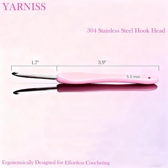 Yarniss 5.0mm Ergonomic Crochet Hook with Comfortable Handle, Hand-Polished Stainless Steel Hook, Ideal for Beginners and Experienced Enthusiasts