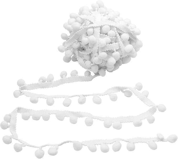 Homiest 10 Yards Pom Pom Trim for Sewing, 1 Inch Wide White Ribbon Bundles Textured Fabric Fringe Ribbon, 13mm Ball Pompom Trim for DIY Crafts Curtain Clothes Pillow Home Decoration