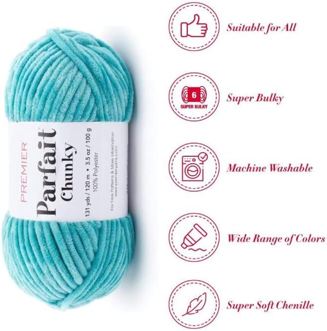 Premier Yarns Parfait Chunky Chenille Yarn 3.5 Oz 6 Super Bulky Weight 3 Pack Bundle with Bella's Stitch Place Holders (Lagoon)