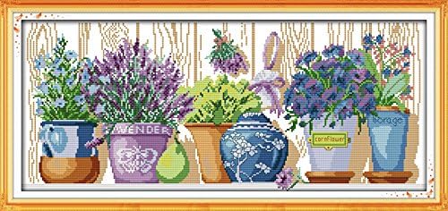 Funcrostitch Counted Cross Stitch Kits for Beginners,14ct Unprinted Pattern Embroidery Kit Dmc Cotton Threads Needleworks for Adults-Potted on the windowsill 22"×11"