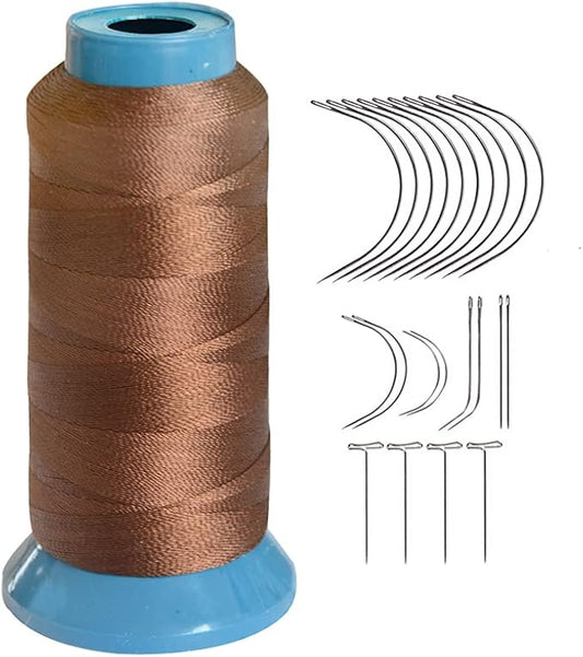 Hair Weaving Thread with C/J/I/T Needles 1500 Yards 210 D Strength Polyester Thread Sewing Thread for Making Wigs Hair Extension Kit (Brown)