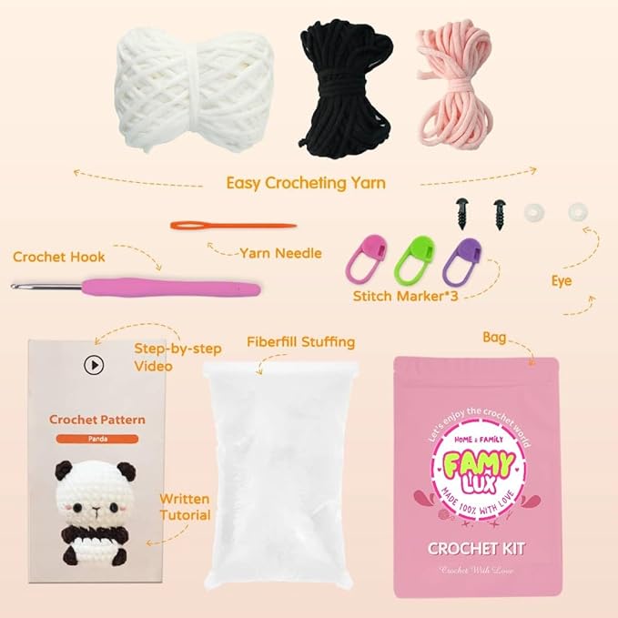 Panda Crochet Kit for Beginners – Complete Amigurumi Animal Set with Yarn, Hook & Step-by-Step Video Tutorial – Easy DIY Craft for Adults, Kids & Whole Family.