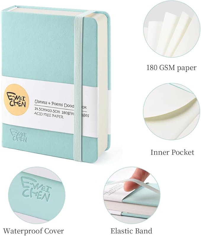 Hardcover 96Pages Blank Sketch Book for Drawing, Small 5.7x4.1 Pocket Journal Notebook for Travel, 180gsm Thick Paper Diary Notebooks for Work, PU Cover Memo for Writing. Light Green