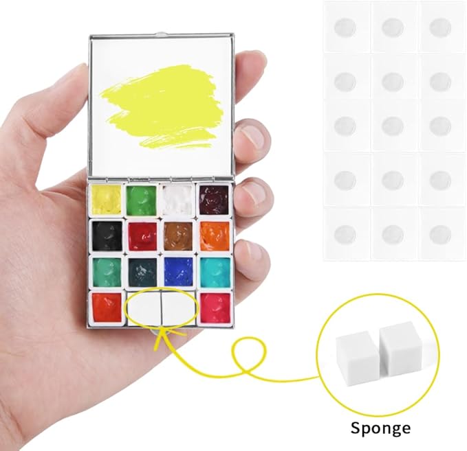 Portable Mini Tin Box 14-Well Empty Watercolor Palette Paint Mixing Tray is a Small Storage Travel Kit with Magnetic Clip and Oil Pot, Perfect for Outdoor Sketching and DIY Painting.Starburst