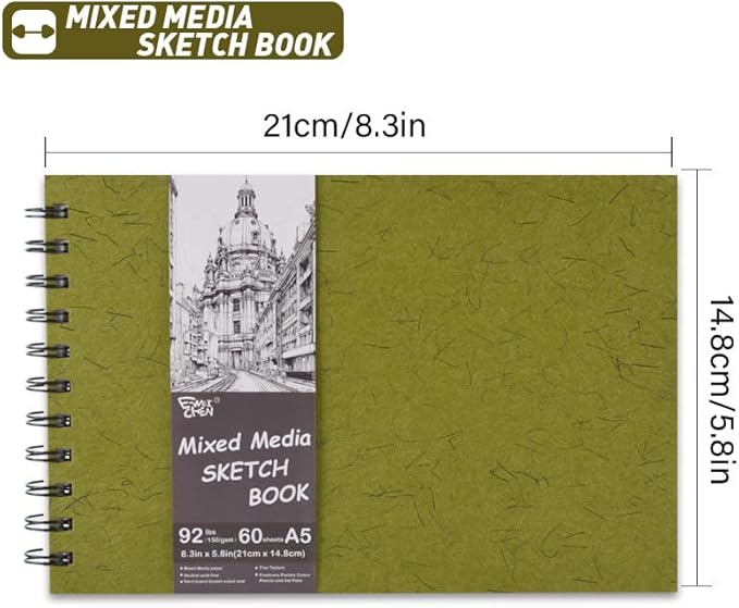 5.8" x 8.3" Mixed Media Sketch Book,Spiral Bound Hardcover Sketchbook,60 Sheets 92lb/150gsm Neutral White Acid Free Paper,Art Journal Sketchbook for Drawing Writing Sketching Illustration,Yellow Green