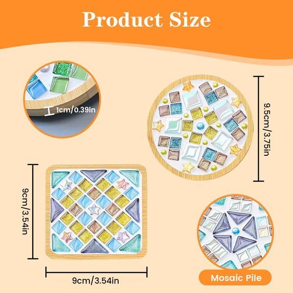 12 Sets DIY Glass Mosaic Tiles for Crafts Mixed Color Mosaic Kits with Wooden Coaster for Adults Bamboo Coaster for Drinks Tray Handmade Home Decoration