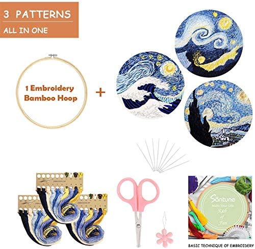 Santune 3 Sets Embroidery Cross Stitch Kits with Instructions,Needlepoint Kit with 3 Stamped Clothes,1 Hoop and 6 Needles,Mothers Day Gifts