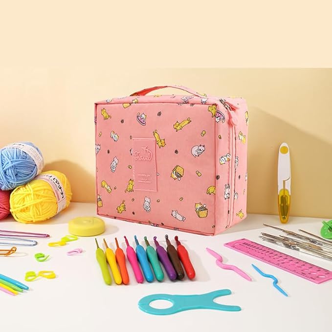 QRZLP Complete Crochet Kit with Storage Bag - 59-Piece Beginner Crochet Set Includes Yarn Balls, Crochet Hooks, Stitch Markers, Needles & Accessories for DIY Knitting, Amigurumi, and Craft Projects.