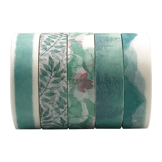 Green Basic Washi Tapes Set, 5 Rolls 10mm Wide Spring Plant Japanese Masking Decorative Tapes for Bullet Journal Planners DIY Decor Crafts Arts Scrapbooking Adhesive
