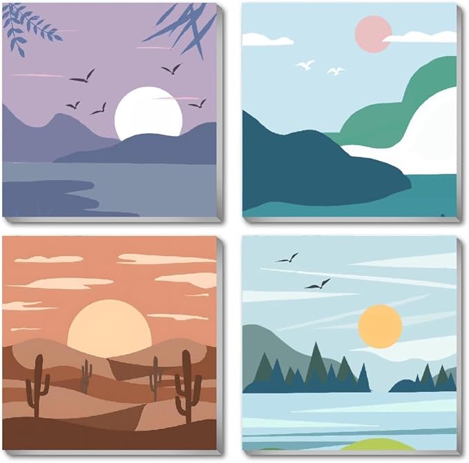Fotasmua 4 Pack Framed Paint by Number Kits for kids Sunset, DIY Landscape Paint by Numbers Kits for Adults on Canvas, Easy Acrylic Oil Painting for Kids & Adults Beginners for Wall Decor (8 x 8 Inch)