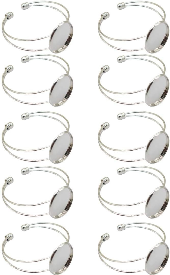 MIAO JIN 10 Pcs 25 mm Adjustable Round Cabochon Bezel Tray Blank Bangle for Crafting DIY Bracelets Making(Silver)