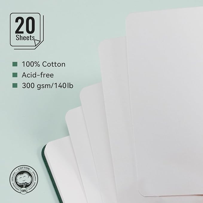 Lightwish Watercolor Journal, 100% Cotton Hot Press Art Supplies Watercolor Paper7.6” x 5.1”, 20 Sheets (140lb/300gsm), Acid-Free for Watercolors, Gouache, Acrylics