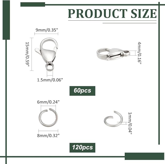 PH PandaHall 60pcs 15mm 304 Stainless Steel Lobster Claw Clasps with 120 pcs 6mm Jump Rings Jewelry Closure Fastener Hook for Earring Bracelet Necklace Pendants DIY Craft Making, Stainless Steel Color