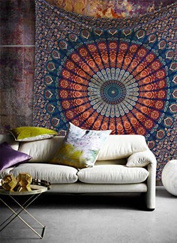 bless international handmade indian hippie bohemian psychedelic peacock mandala wall hanging college dorm beach throws table cloth bedding tapestry (golden blue, poster(30x40inches)(76x101cms))