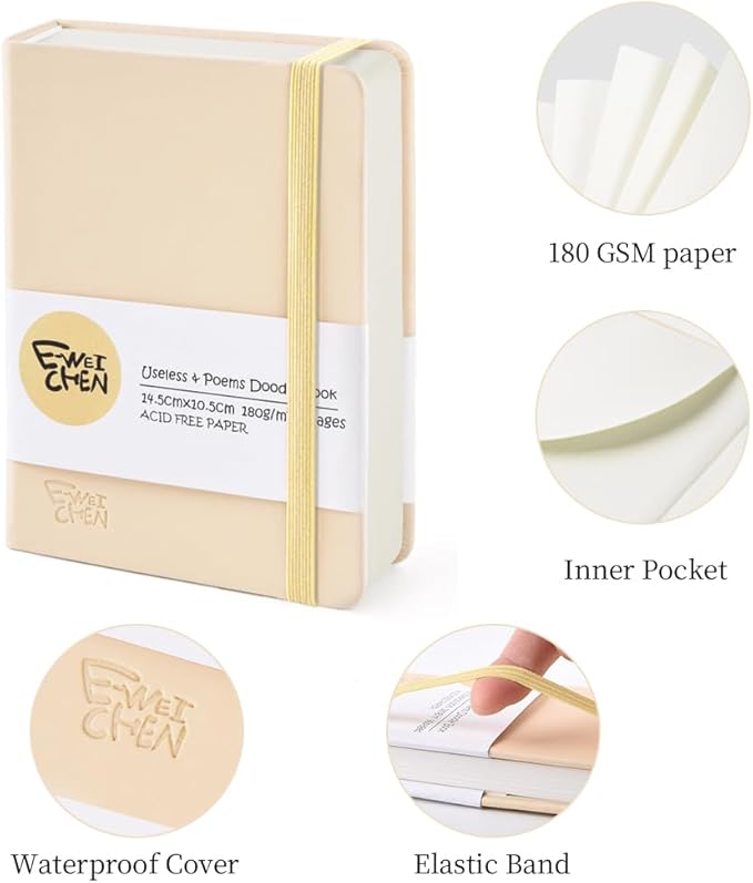 Hardcover 96Pages Blank Sketch Book for Drawing, Small 5.7x4.1 Pocket Journal Notebook for Travel, 180gsm Thick Paper Diary Notebooks for Work, PU Cover Memo for Writing. Beige