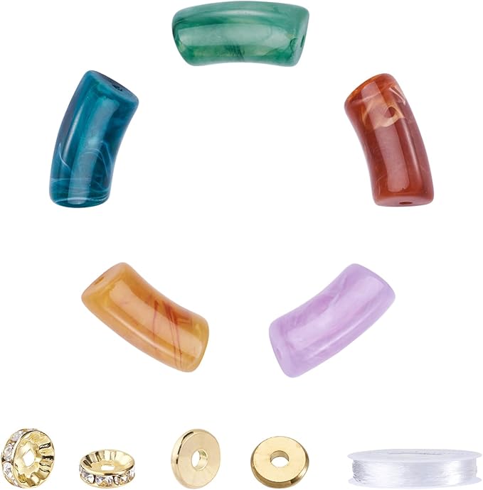 40Pcs Acrylic Chunky Tube Beads with Rondelle Brass Rhinestone Spacer Beads & Elastic Crystal Thread, Imitation Gemstone Curved Tube Beads for Bamboo Bangles Bracelet Jewelry Making