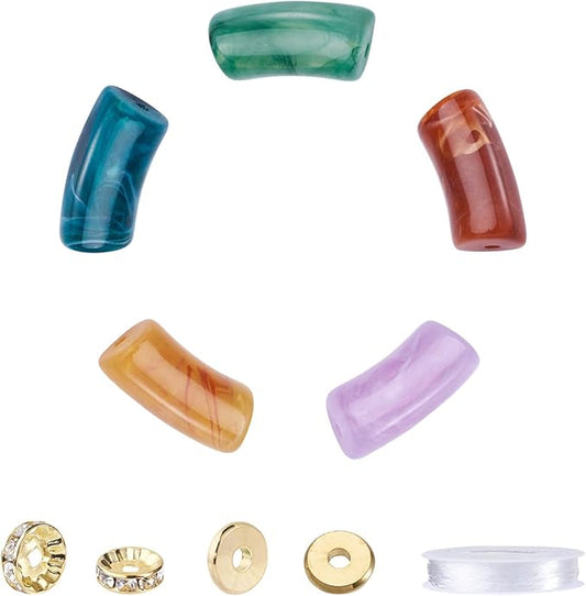 40Pcs Acrylic Chunky Tube Beads with Rondelle Brass Rhinestone Spacer Beads & Elastic Crystal Thread, Imitation Gemstone Curved Tube Beads for Bamboo Bangles Bracelet Jewelry Making
