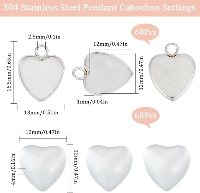SUNNYCLUE 1 Box 120Pcs Blank Bezel Trays Photo Charm Stainless Steel Bezel Blanks Memorial Photo Pendant Heart Pendant Tray Cabochon Settings for Bouquet Wedding Graduation Decor