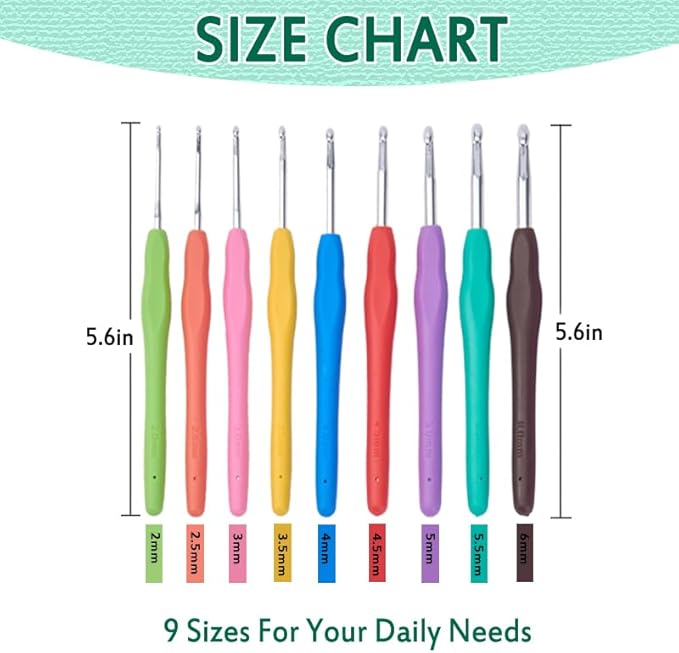 YAWIKO Crochet Hooks Set, Ergonomic Crochet Hooks with case for Arthritic Hands, Lightweight Crochet Knitting Needles Accessories for Beginners and Arthritis Hands (9 Size (2.0~6.0mm))