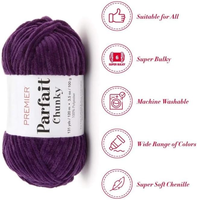 Premier Yarns Parfait Chunky Chenille Yarn 3.5 Oz 6 Super Bulky Weight 3 Pack Bundle with Bella's Stitch Place Holders (Eggplant)