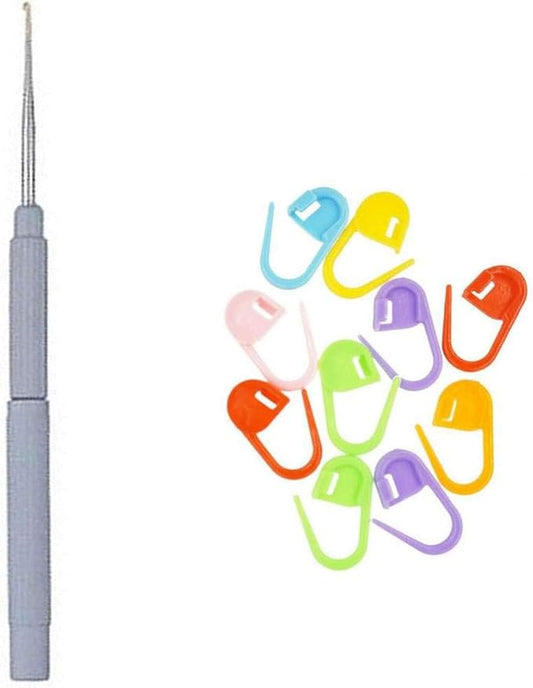 addi Knitting Needles Crochet Hook Cap and Handle Steel 5 inch (13cm) Size US 18 (0.5mm) with 10 Colorful Stitch Markers