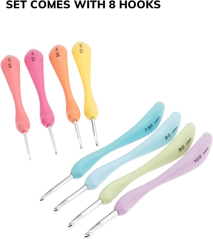 Crochet Hooks Set,Large Handle Ergonomic Grip Crochet Hook, 8PCS Aluminum Smooth Knitting Hook Needles for Arthritic Hands