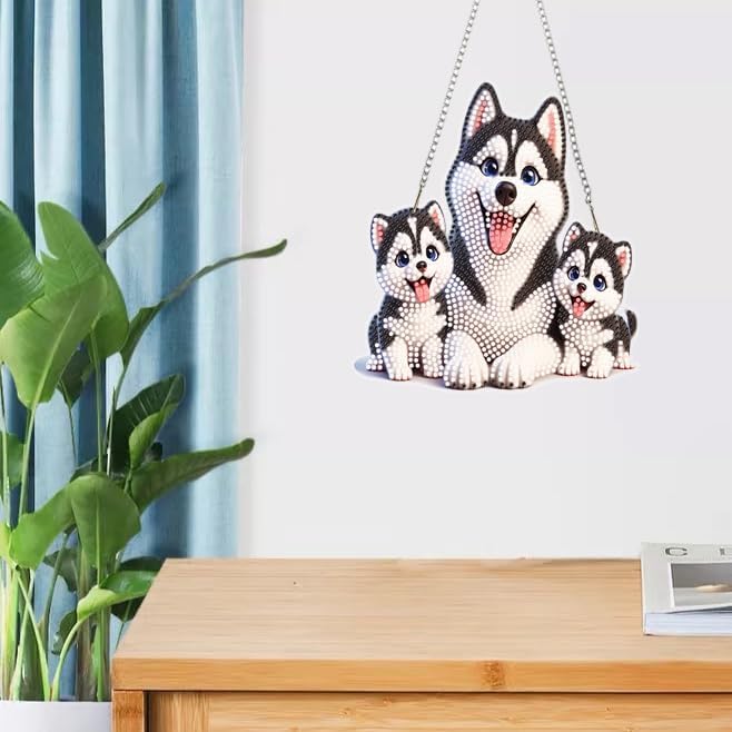 Masendp Hanging Diamond Art Kits for Adults, Special Shaped Cute Dog Family Diamond Painting Pendant Ornaments Kit DIY Crystal Rhinestone Gem for Home Decoration and Gifts