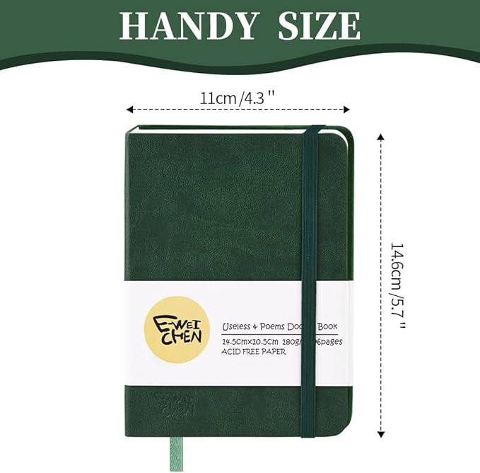 Hardcover 96Pages Blank Sketch Book for Drawing, Small 5.7x4.1 Pocket Journal Notebook for Travel, 180gsm Thick Paper Diary Notebooks for Work, PU Cover Memo for Writing. Dark Green