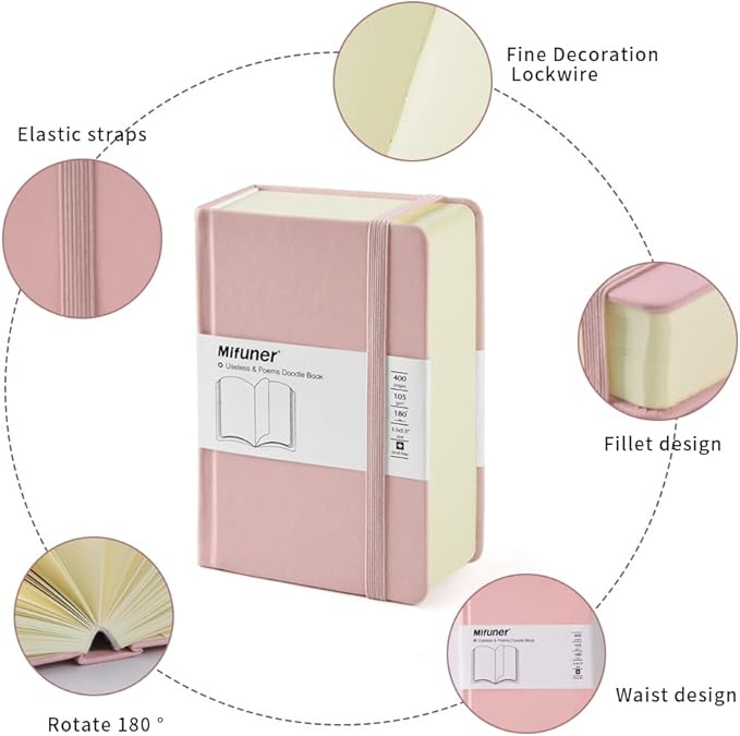 Mifuner Small Rectangle 3.5x5.5 200 Sheets 105gsm Mini Notebooks Blank Pages Sketchbooks Pocket Paint Writing Diary Memo PU Leather Cover Pink