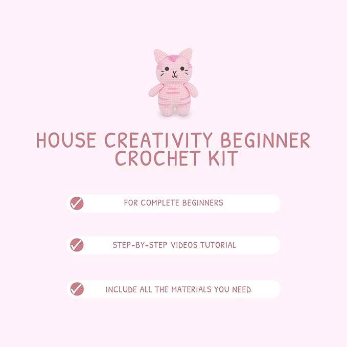 HOUSE CREATIVITY Cat Crochet Kit for Beginners – Make a Variety of Adorable Kittens, Amigurumi Crochet Starter Kit with Yarn, Eyes & Step-by-Step Video Tutorial, DIY Craft for Cat Lovers