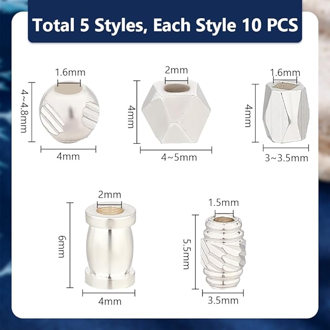 PH PandaHall 50pcs 5 Styles 925 Sterling Silver Plated Spacer Beads, 4~6mm Brass Loose Bead Round Faceted Spacers Cylinder Stackable Spacers for Bracelets Necklaces Jewelry Making DIY Beading Crafts