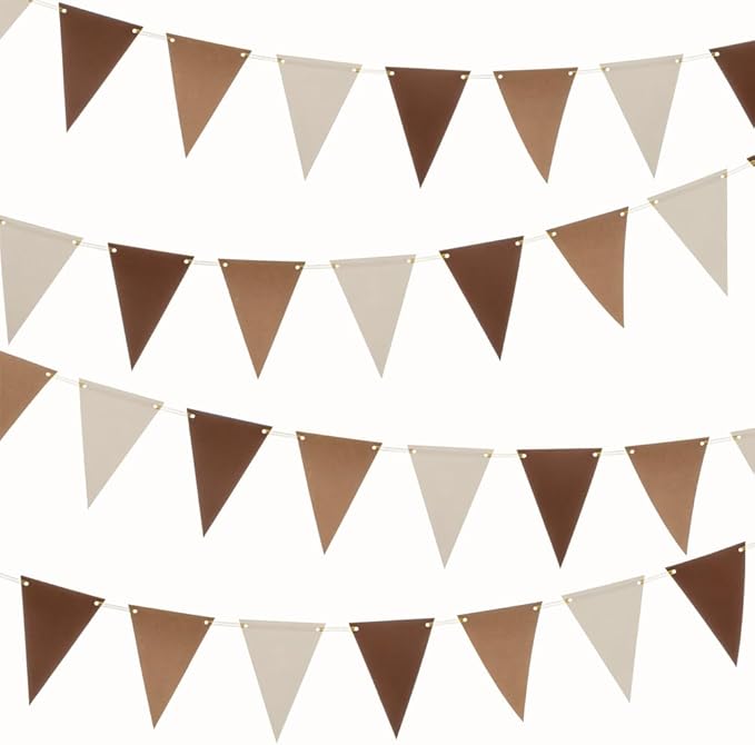 MOWO Brown Kraft Tan and Ivory Pennant Banner Paper Bunting Hanging Decoration for Neutral Baby Shower Birthday Wedding Graduation Retirement Party, Pack of 30 Counts Pennant, 20 feet