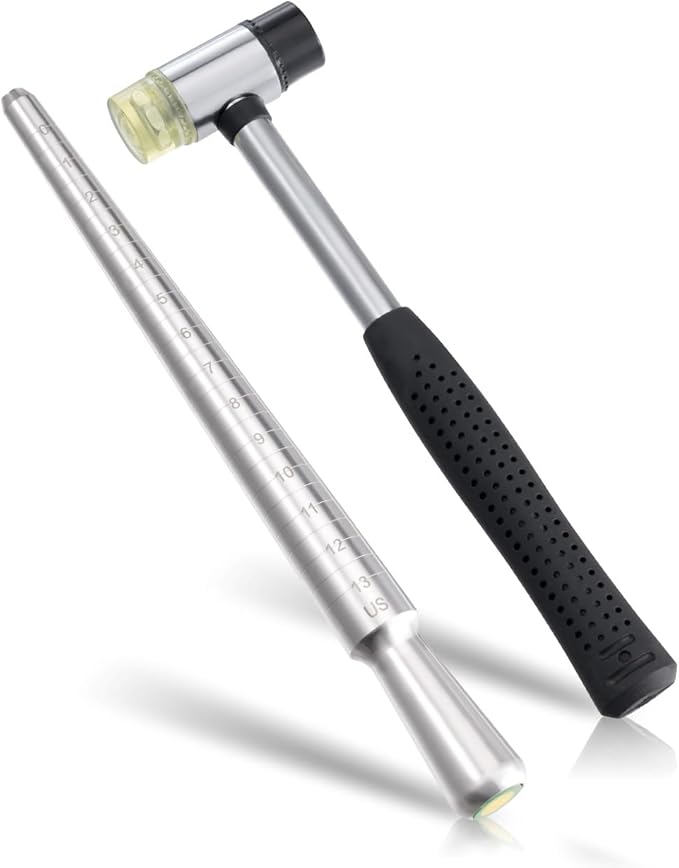 meowoo ring sizer, can be hammered solid ring mandrel and jewelry rubber mallet, ntegrated conical solid ring mandrel sizer tools for ring repair and measurement, jewelry sizing measuring