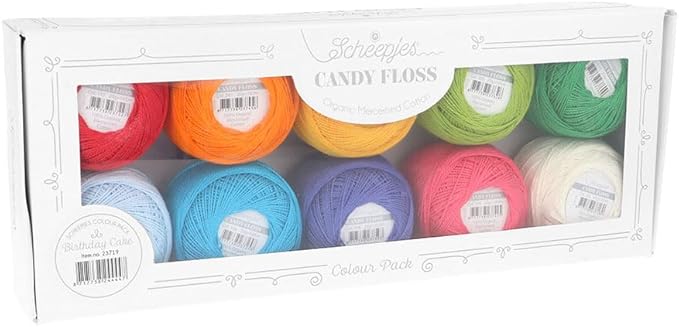 Scheepjes Candy Floss Color Pack, 10 x 20 g Mercerized Cotton Yarn, Birthday Cake Assortment