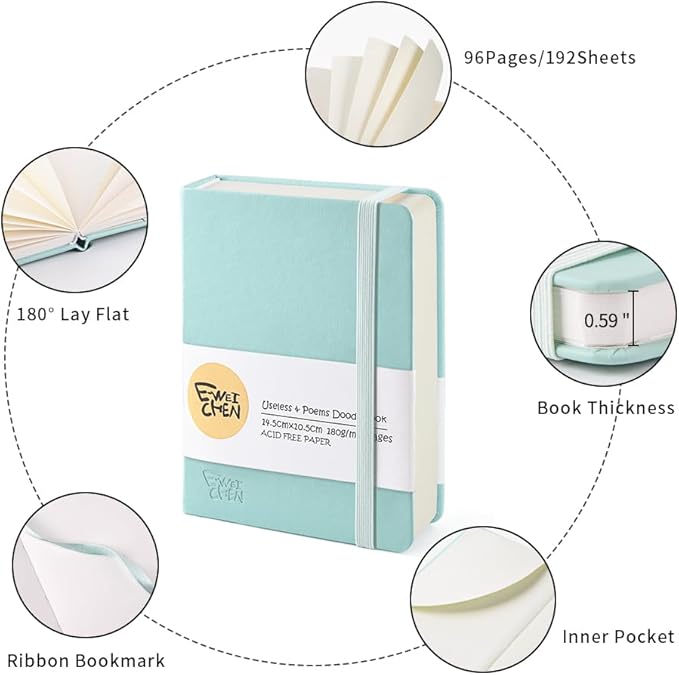 Small Blank Notebook, 96Pages, Hardcover Sketch Book for Drawing, 5.7x4.1 Pocket Journal Notebook for Travel, 180gsm Thick Paper Diary Notebooks for Work, Leather Cover Memo for Writing. Light Green