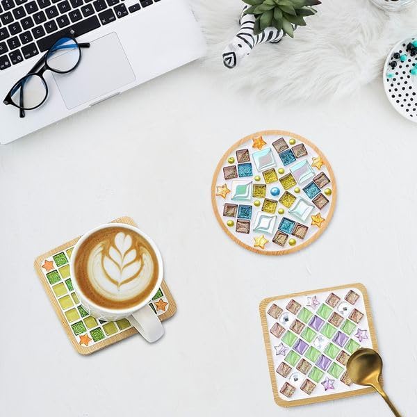 12 Sets DIY Glass Mosaic Tiles for Crafts Mixed Color Mosaic Kits with Wooden Coaster for Adults Bamboo Coaster for Drinks Tray Handmade Home Decoration