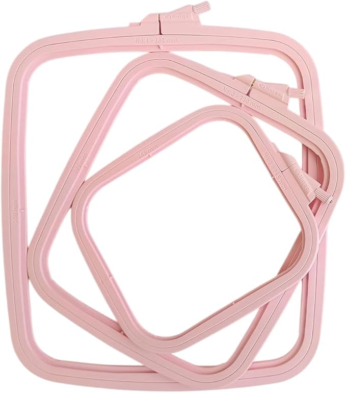 nurge square embroidery hoop - plastic cross stitch frame for needlepoint & embroidery - adjustable craft hoop - pink - set of 3