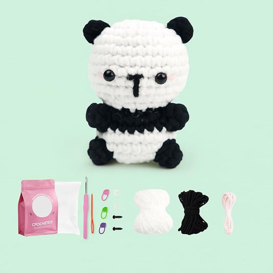 Panda Crochet Kit for Beginners – Complete Amigurumi Animal Set with Yarn, Hook & Step-by-Step Video Tutorial – Easy DIY Craft for Adults, Kids & Whole Family.