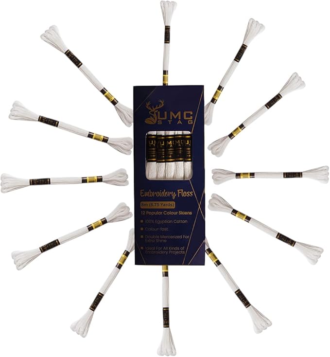 12 Pieces White Colour Premium Embroidery Thread | 100% Egyptian Cotton Premium Skeins | Cross Stitch Embroidery Floss | Oeko TEX Certified Stranded Cotton (White)