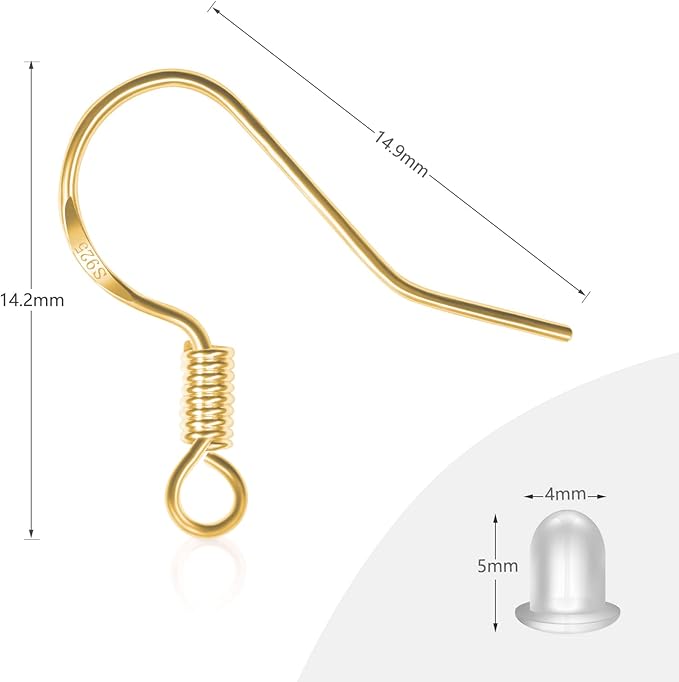 menkey 925 sterling gold earring hooks 120 pcs/60 pairs hypoallergenic ear wires fish hooks for jewelry making, jewelry findings parts with 120 pcs rubber earring backs stopper for diy earrings