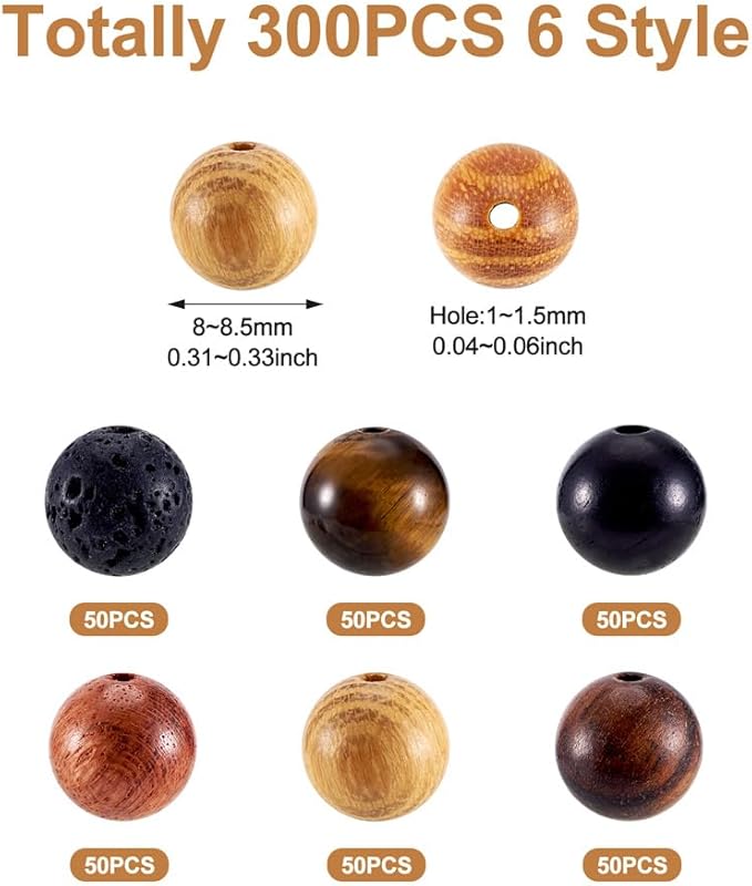 KISSITTY 300Pcs 6 Style Natural Wood Round Gemstone Beads Kit for Easter 8mm Lava Rock Bead & Grade AB Tiger Eye Wood Bead Natural Polished Wooden Ball Loose Beads for Men Bracelet Jewelry Making