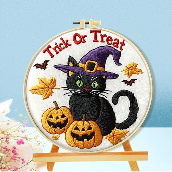 Zhenqing Halloween Black Cat Embroidery Kit for Beginners - Complete Set with Pre-Printed 29x29cm Cotton Fabric, Hoop, Threads & Tools (C0118)