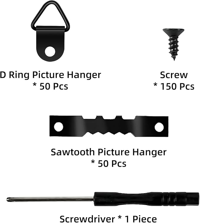 251Pcs Picture Hanging Kit, Include 50 Sawtooth Picture Hangers, 50 D Rings, 150 Screws and Screwdriver, Heavy Duty Picture Frame Hanging Hardware for Wall Artworks Frame Canvas Mounting