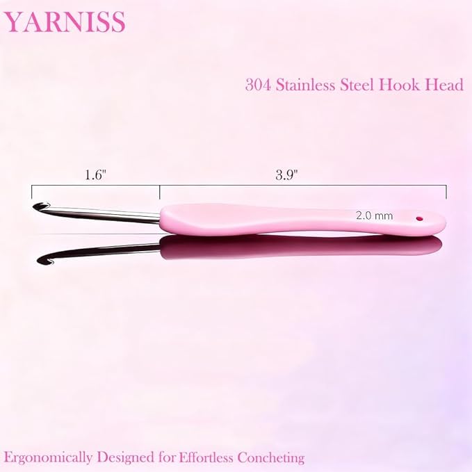 Yarniss 2.0mm Ergonomic Crochet Hook with Deep Throat, Stainless Steel Crochet Hook with Comfortable Handle for Arthritic Hands